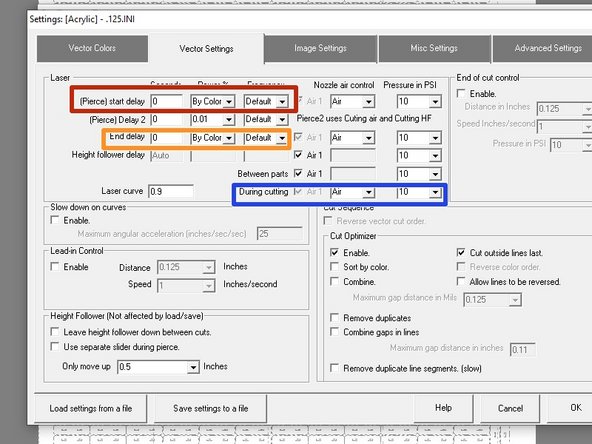 Laser setting will let you select assist gas and pressures for different parts of cutting