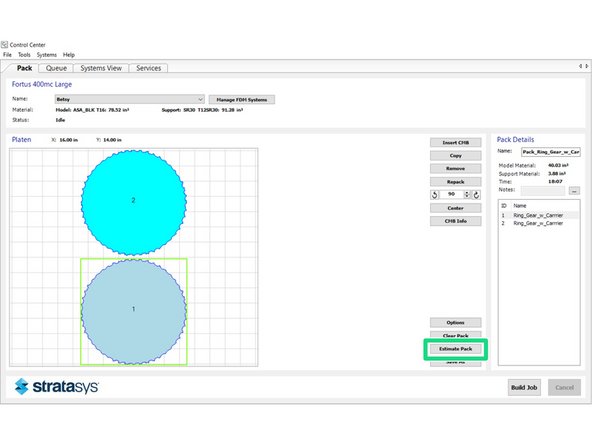 Estimate the print time and material usage by clicking the Estimate Pack button