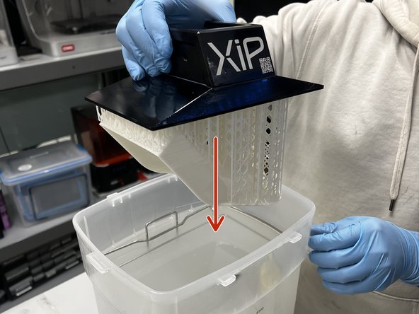 Gently place the build plate and the model in the IPA tank.