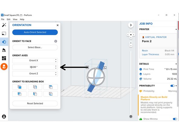 You can rotate the model an exact amount about the X, Y, and Z axes by typing a value where it says &quot;Orient _&quot;