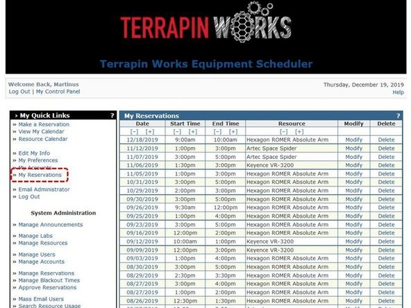 To view your past reservation select My Reservation from the left window as shown in the second figure