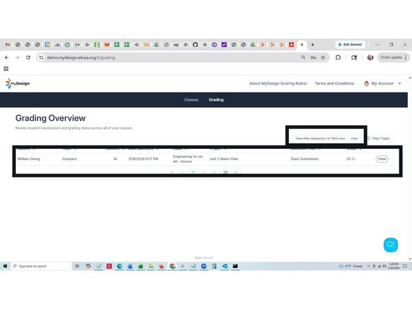 Select the same filters as applied in Step 5 for the Grading Center: Student Name, Team Name, Element and Document Title