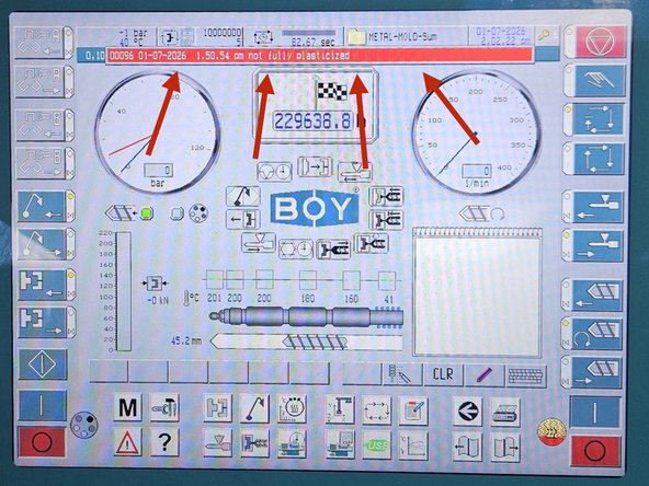 Issue: Error code 096, "Not fully plasticized"; Error code 034, "Plasticizing monitoring tripped". Ran into during Semi-Auto or Automatic run modes.