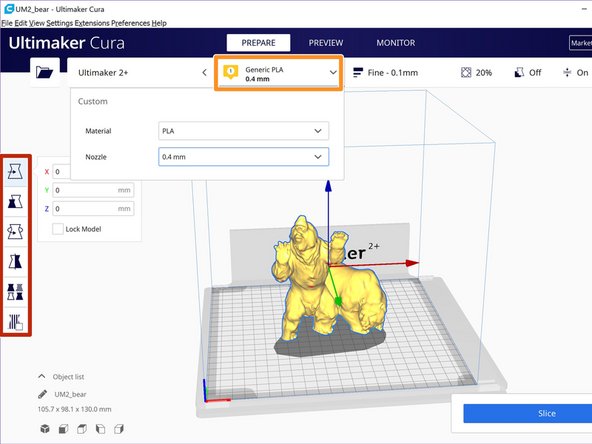 The tools on the left enable manipulation of the file: move, scale, rotate, mirror or duplicate
