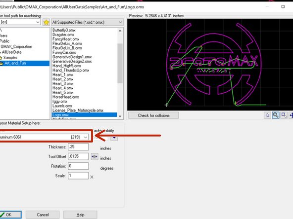 Click on the drop down menu and select the material you will be cutting (Picture 1)