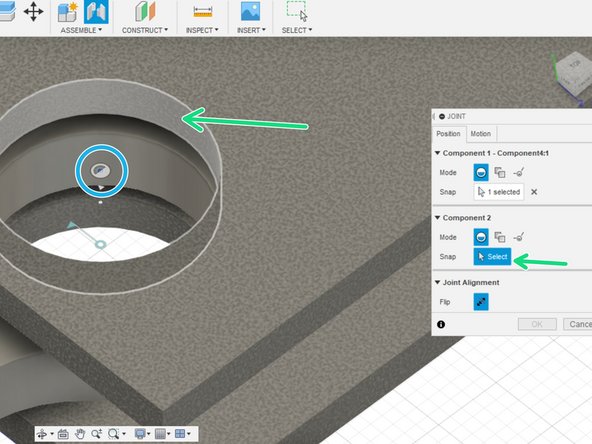 For component 1, select the top face of the pin for a simple snap joint