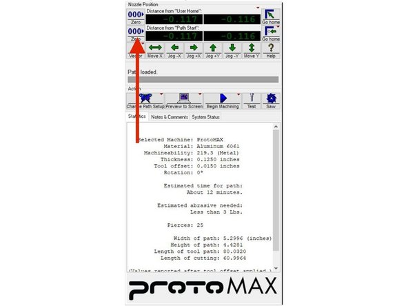 Use the arrow keys on the keyboard or the movement buttons on the screen to move the nozzle to where you want the start point of the tool path to be located