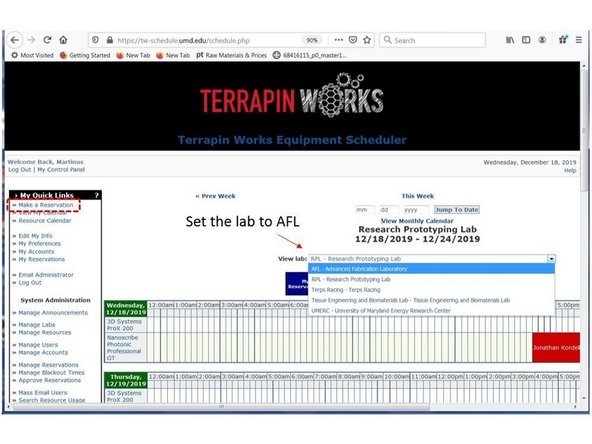 For reserving an equipment, select Make a Reservation from the left window. This will bring you into the equipment reservation page