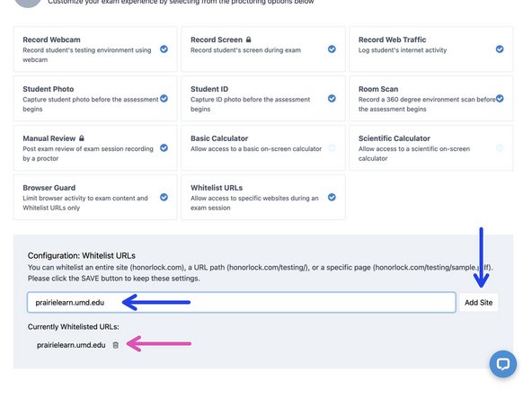 We recommend leaving the default options in proctoring settings and enabling both Browser Guard and Whitelist URLs settings.