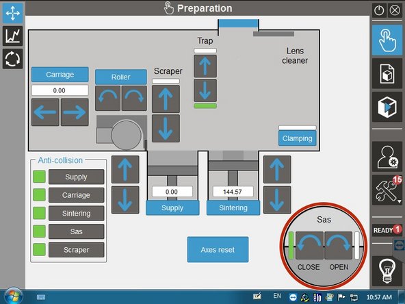 SAS lets you OPEN and CLOSE the sealed door on the front of the machine for transferring powder and tools