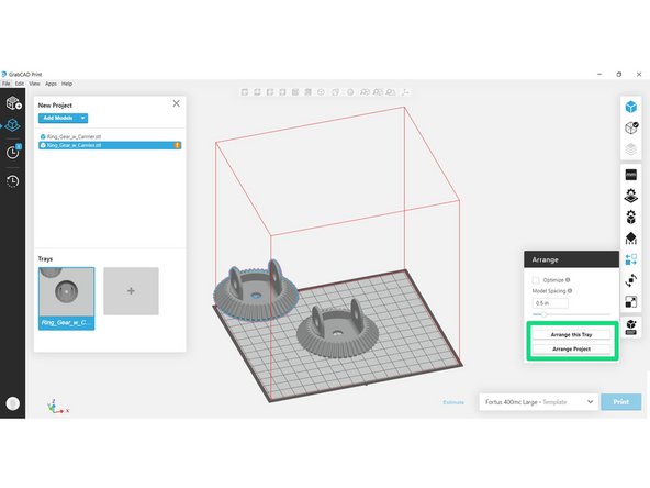 Use the Arrange menu to automatically position parts. If your copied parts were placed on a new tray, you may want to use Arrange Project for greater efficiency