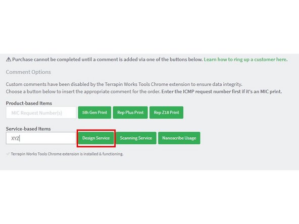 Before placing the charge, the project manager must add the project key as a comment by typing it into the &quot;Project Name&quot; input and hitting &quot;Design Service&quot;.