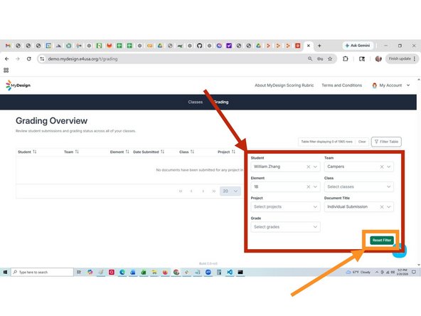 The Grading Overview Filter Table is identical to the Filter Table in the Grading Center except that "Project" and "Class" have been incorporated into the table.