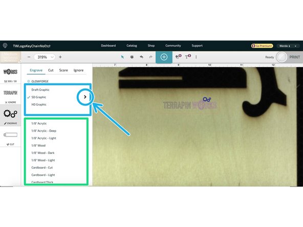 There are four types features you can use: Engrave, Cut, Score, and Ignore. Engraved features will appear dark blue in the preview, cuts will be orange, scores will be pink, and ignored featured will be red