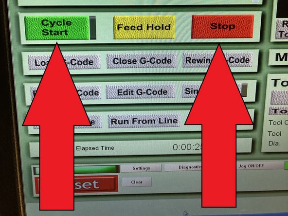 With the Z axis zeroed at least two inches away from your stock, click on cycle start to run a dry pass of your G-code to make sure there are no problems and the tool path is accurate. Once everything is confirmed to be good; click &quot;stop&quot; the cycle, click &quot;go to zeros&quot;, and click &quot;Rewind G-code&quot; to go back to the first line