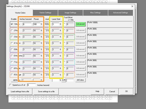 This is the main vector settings page where each of the vector settings can be changed