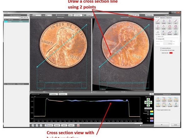 By turning on the High different display from the top left window (See the first figure), you can see a color map of the height difference between the two dimes