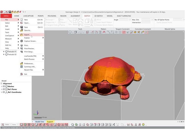 The aligned data need to be imported back into .stl file by using the Export feature under Menu &gt; File &gt; Export (See the first figure)
