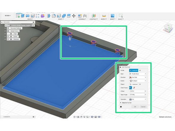 Finally, extrude down to the bottom of the breadboard surface. This will cut down to the surface requested, as shown by the red cut away.