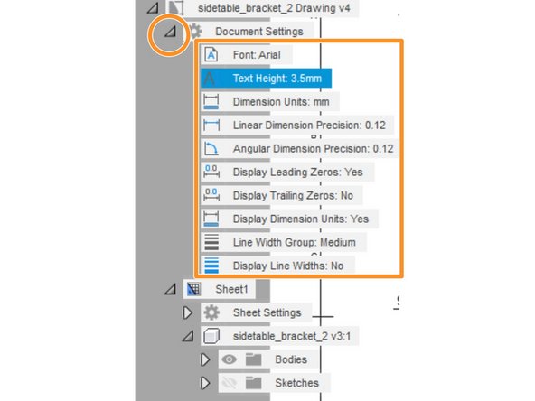 To edit any of the global document settings, open the Document Settings menu in the feature tree and double click on any of the settings