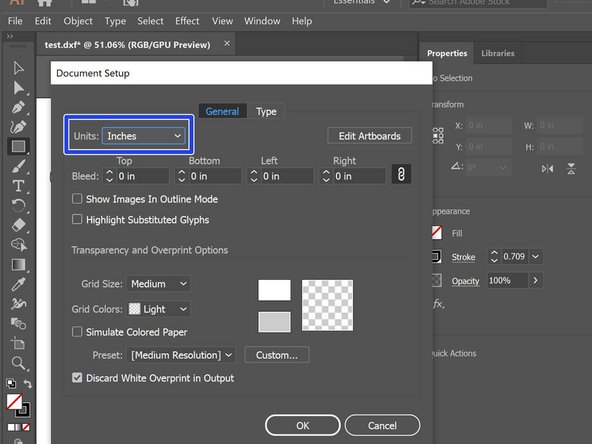 To change the displayed units go to File then Document Setup