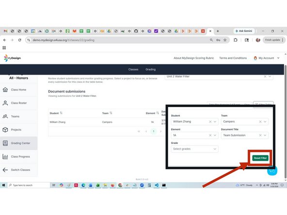 Filters have been selected for Student Name, Team Name, Element, and Document Ttile