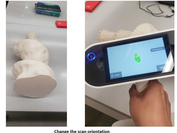 Often, objects require scans from multiple orientations to capture all surfaces. In this example, previous scans missed the bottom of the statue.