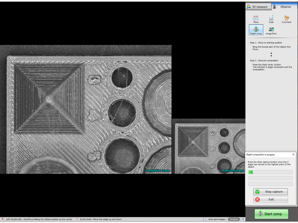 When focused on the main plane of this part, the tops of some of the features are not in focus. We can use depth compensation to make these parts clearer.