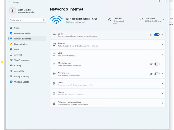 Open windows taskbar and type "settings". Then click on the tab named "network and internet" and click on "wifi". Then click on "Terrapin Works - AFL properties". Finally select "edit" on the IP Assignment.
