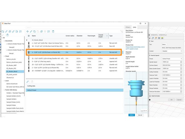For this operation, we will be using the 1/8&quot; anama tool. Select the # 4 1/8&quot; flat end mill tool.