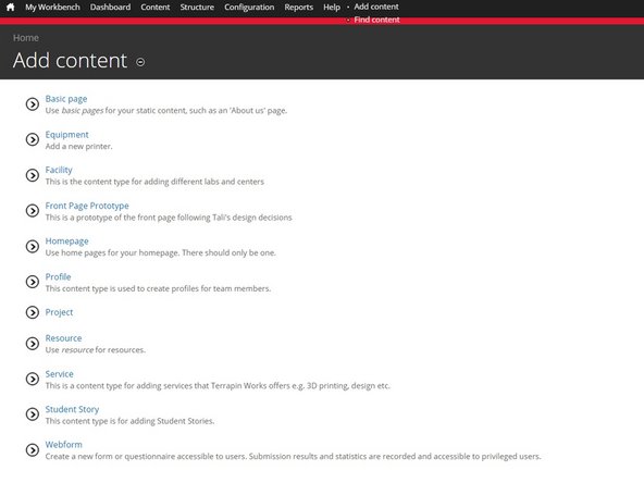 Select &quot;content&quot;-&gt;&quot;add content&quot; from the tool bar at the top of the page.