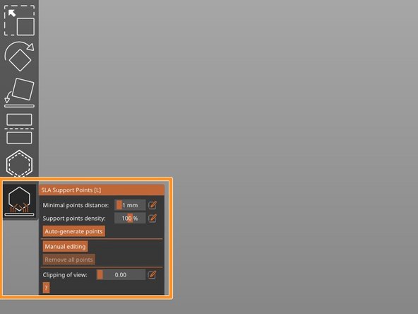 Press the &quot;SLA Support Points&quot; option and then &quot;Auto-generate points&quot; to begin support generation.