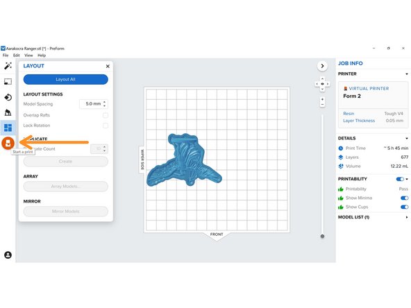 To upload to a printer, select the orange Formlabs button, select a printer you are connected to, and click upload