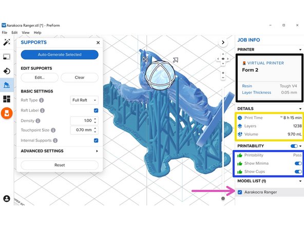 You can view the name of the printer (if you are connected to one), the selected resin, and layer thickness under &quot;Printer&quot;