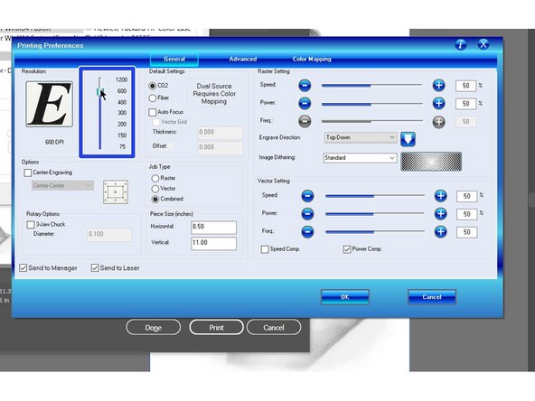 Epilog controls page will now be open. Select the Dpi for your project
