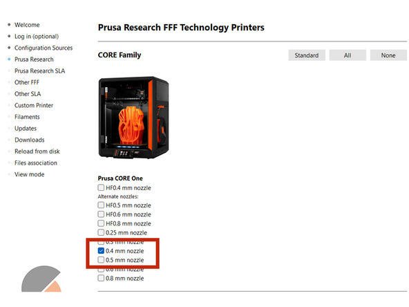 If you haven't already, go to Prusa Slicer and click the &quot;Printers&quot; tab, then click the dropdown and hit &quot;Add/Remove printers&quot;. Add the CORE1 with a 0.4 mm nozzle option.
