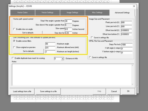 The advanced settings tab contains settings that will affect cutting regardless of color (no color mapping)
