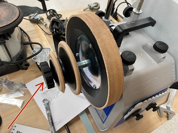 To remove the leather honing wheel, you will need a 9/16th wrench to remove the extended honing wheels used for the inside of the gouge tools.