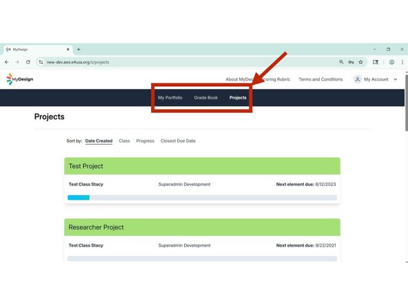 Projects is the landing page for students when logging in