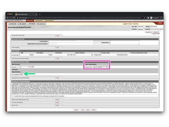 Click the magnifying glass next to the Add button under the New Organization column within the Edit Access Security Details section of the form.