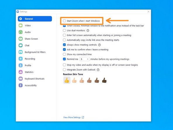 In the settings window that pops up, click on General if it is not automatically selected &amp; then check the box for Start Zoom when I start Windows.