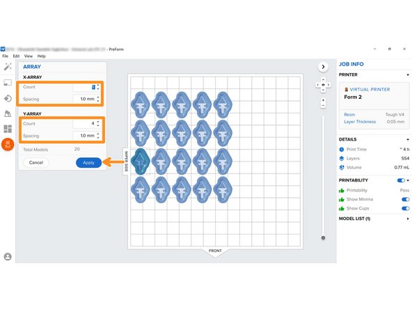 Clicking &quot;Array Models&quot; will take you to a menu where you can set the X and Y counts and spacing in the array, and click &quot;Apply&quot; to create the array