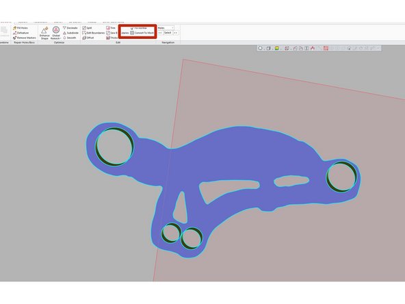 In this step we convert the modeled surface to a mesh feature and create a solid mesh from the two feature (scans and modeled surfaces).