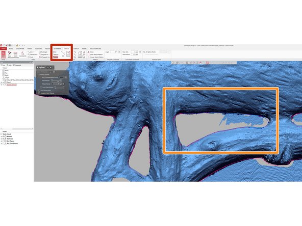 In this step, we will use the newly created mesh sketch to draw out the contours of the unseen face. The mesh sketch has extracted contours from the scan, but there are still gaps we manually fill