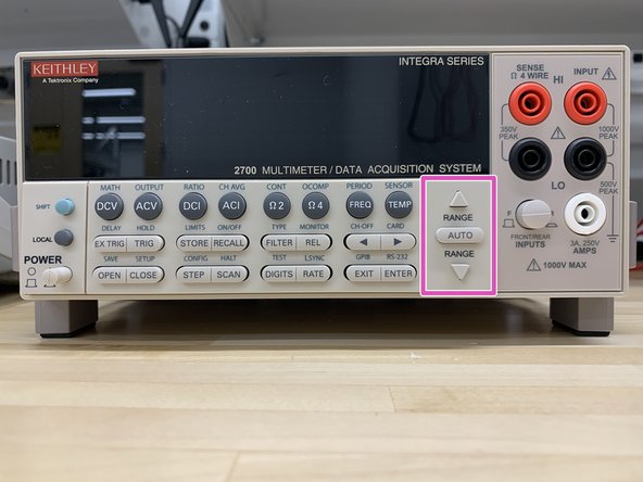 Δ and ∇ - Dual function. Selects the next higher/lower measurement range for the selected function. When in a menu, these keys make selections or change values.