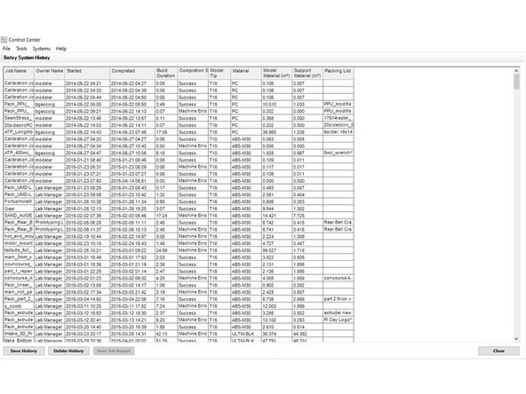 This will show all of the jobs that the machine has run, including the date, material usage, and completion status