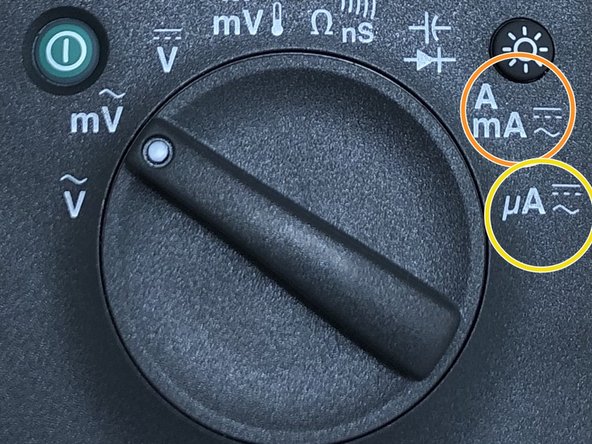 Depending on the expected current from the circuit you are measuring, insert the leads as shown in the second image