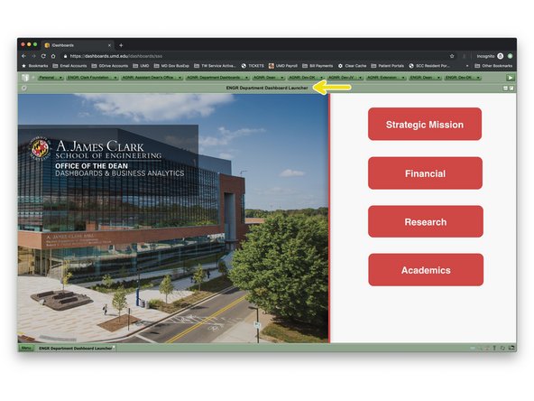 Close the tab you are in in Google Chrome and re-open UMDashboards from our website (https://analytics.umd.edu).