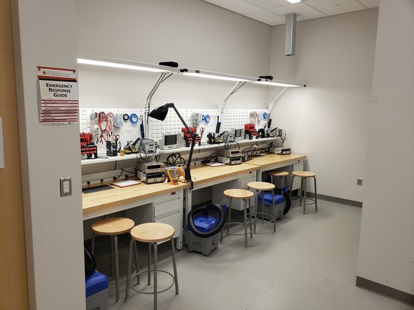 There are four workbenches, a computer desk, and a closet located in the IES.