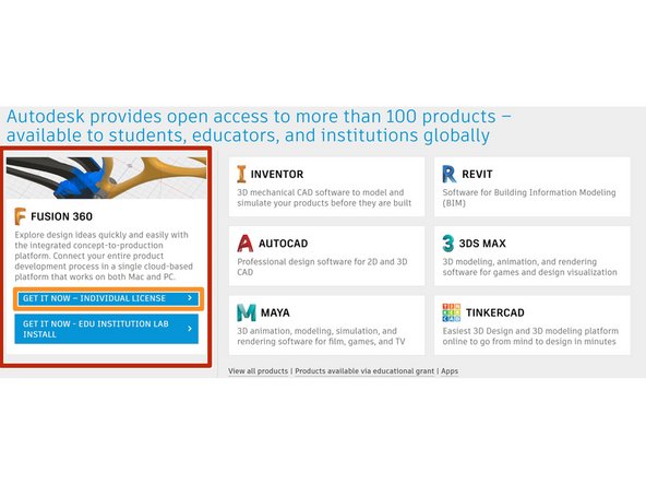 In the Free Software page, Fusion 360 should open as a larger tile. If it does not, click &quot;View All Products&quot; and scroll to the Fusion 360 tile